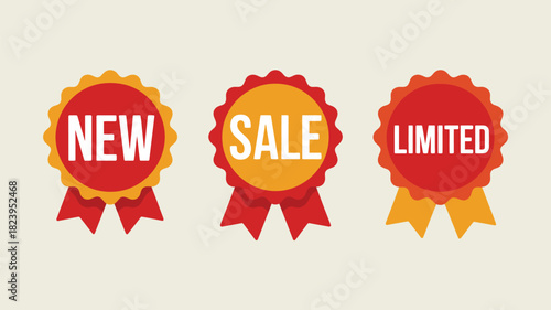 Three colorful badges displaying new sale and limited offers against a light background color scheme