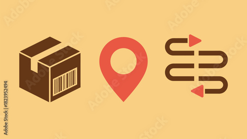 A brown box with barcode a red location pin and a brown zigzag arrow on a yellow background vector art