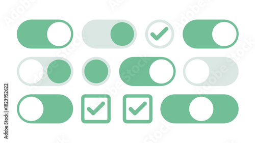 A collection of toggle switch icons and check mark icons in green and light grey on a white background