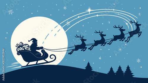 Delightful Santa Claus soaring through the night sky in his sleigh pulled by reindeer, a magical Christmas scene filled with holiday cheer and wonder