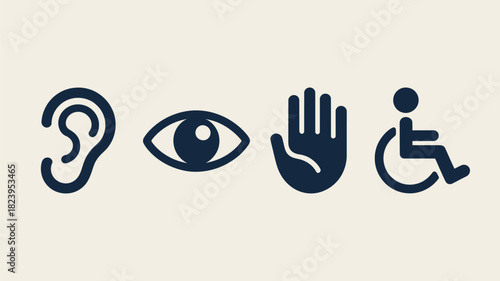 A symbolic representation of senses and accessibility featuring ear eye hand and wheelchair icons