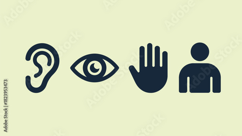 A set of four dark blue icons representing hearing seeing touching and a person on a light background