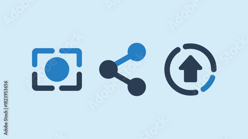 Three blue and black icons representing screenshot share and upload on a light blue background plain style