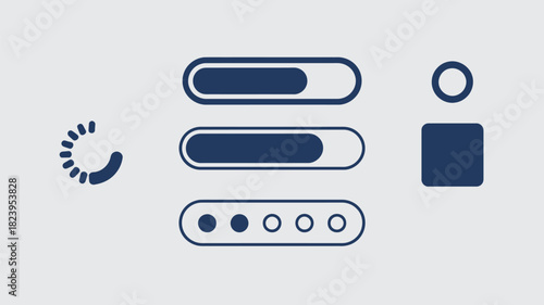A set of user interface elements including progress bars, loading icon, and shape icons displayed