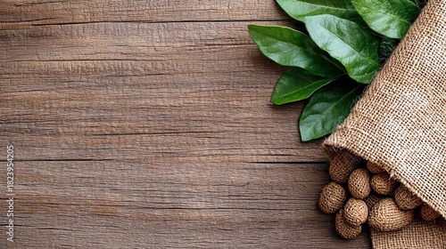 A burlap sack filled with nuts and fresh green leaves spills onto a rustic wooden table, illuminated by soft, natural light.