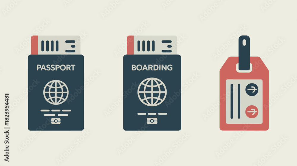 Naklejka premium A passport, a boarding pass, and a luggage tag arranged on a light beige background in a flat illustration