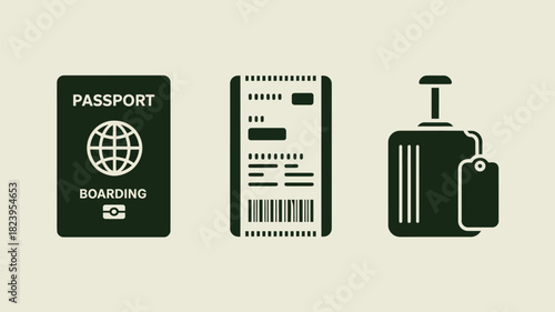 A passport, a boarding pass, and a suitcase with a luggage tag in a minimalist vector illustration