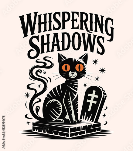 Whispering shadows black cat halloween vector illustration spooky tombstone vintage design for october 31st t-shirt design