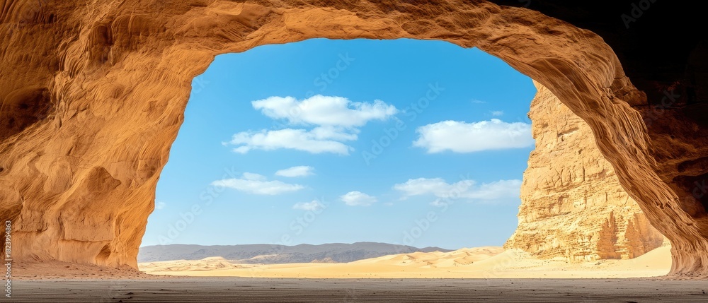 Fototapeta premium View from inside a natural rock cave looking out to a vast desert landscape under a bright blue sky with scattered white clouds. The rock formations are golden