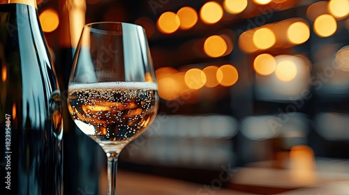 A close-up of a glass filled with champagne, showing bubbles, next to a bottle, with a blurred background of warm bokeh lights.