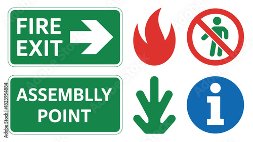 A collection of safety and informational signs including fire exit assembly point and prohibition symbols