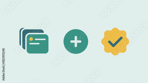 A simple illustration of stacked documents, a plus sign, and a checkmark on a light blue background