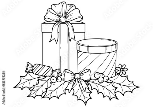 Joyful Holiday Presents Wrapped with Bows and Holly Sprigs Line Art Illustration for Printable Coloring Pages