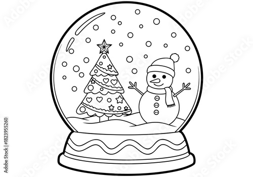 Delightful Winter Wonderland Snow Globe Coloring Pages Featuring a Cheerful Snowman and Festive Christmas Tree for Kids
