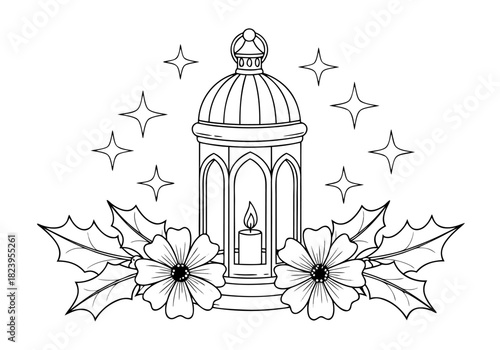 Festive lantern design for coloring pages, featuring candle, holly, and stars, perfect for seasonal activities