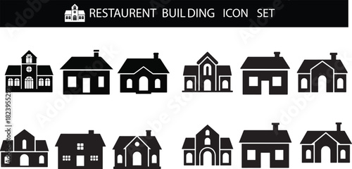 Restaurant Building Minimal Flat Icon Set – Black Solid Food Service Vector Icons