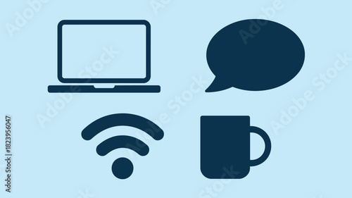 Illustration of laptop, speech bubble, wifi symbol, and mug on a light blue background surface