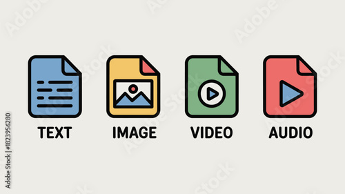 Illustration of four file types including text image video and audio with corresponding icons below