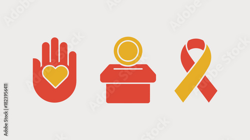 A symbolic representation of charity with hand heart donation box and ribbon on a white background