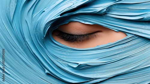 A close-up shot focuses on a woman's closed eye, framed by swirling, textured blue paint. The lighting is soft and diffused, creating a serene mood.