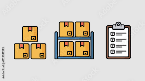 Illustration of stacked boxes, boxes on a shelf, and a clipboard with a checklist on a light background