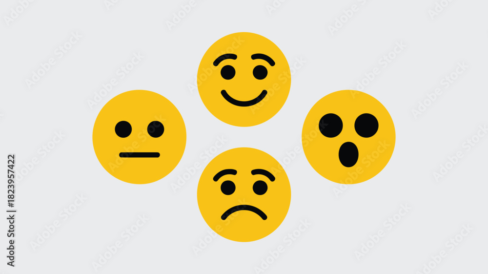 Fototapeta premium A collection of four yellow circular emoticons displaying different emotional expressions on a gray background