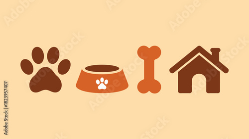 A simple illustration of a paw print, bowl, bone, and dog house on a light orange background