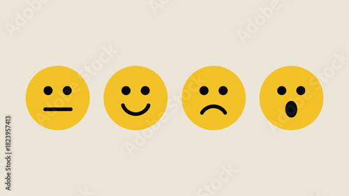 A collection of four yellow circular emojis displaying different emotions on a light background tone