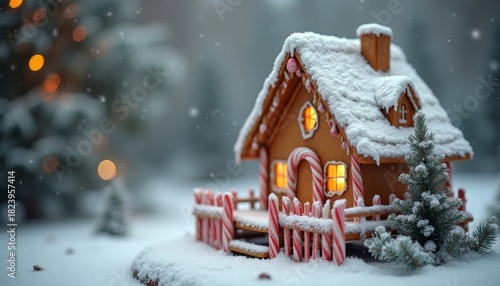 Cozy gingerbread cottage dusted with snow under festive winter bokeh lights, a whimsical Christmas delight