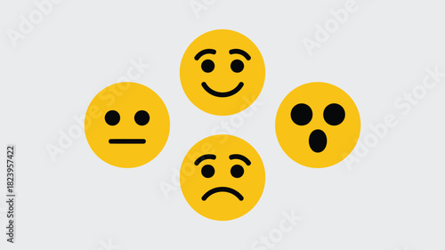 A collection of four yellow circular emoticons displaying different emotional expressions on a gray background