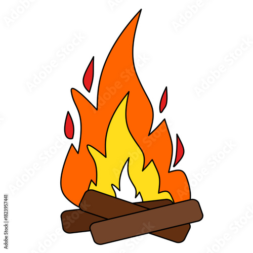 Bright bonfire illustration with wooden logs, perfect for camping themes, summer nights, festival graphics and outdoor designs.