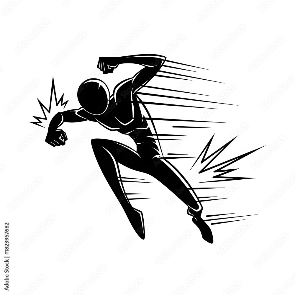 Naklejka premium Sprinting athlete silhouette with abstract dynamic black-white streak effect.