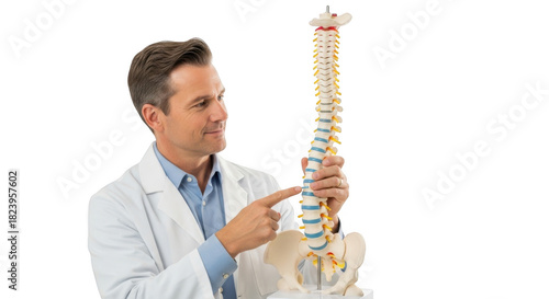 Doctor points to human spine model isolated on transparent background