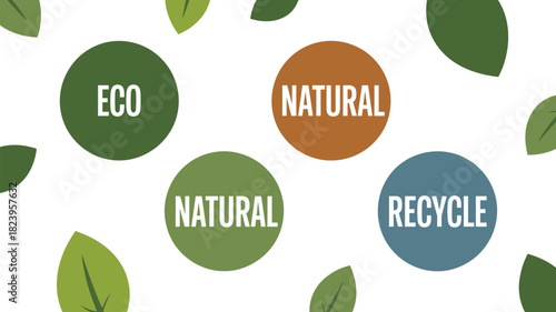 Eco natural and recycle themed image with green leaves and circular design elements on a white background