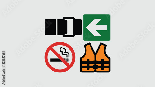 A set of four safety symbols including a seatbelt, exit sign, no smoking and a life vest icon