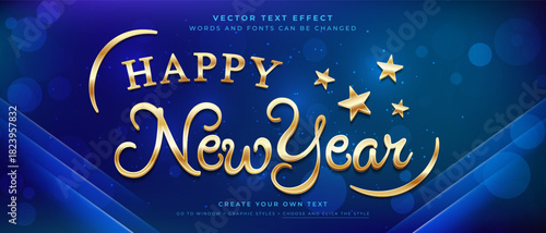 Happy New Year 3D golden text with stars on a dark blue bokeh background