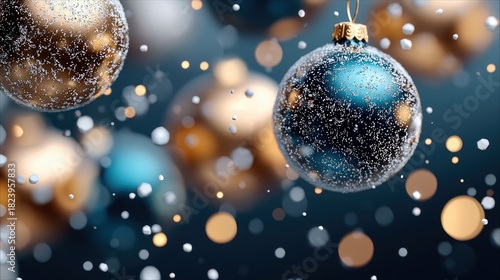 A close-up view of several Christmas ornaments, some frosted with white particles and others shimmering with gold and blue hues. Soft bokeh lights create a fest