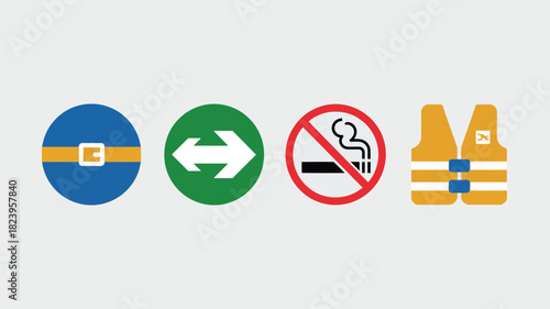 A set of four safety symbols including a seatbelt sign, arrows, no smoking, and a life vest icon