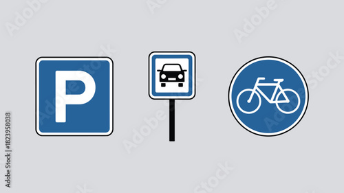 Image showing parking sign, car parking sign, and bicycle lane sign on a gray background plain image