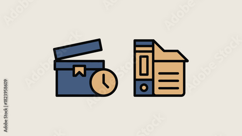 Illustration of a blue box with a clock and a tan file folder on a light beige background design element