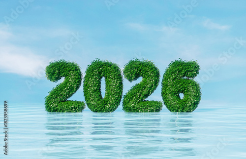 Eco Green 2026 Numbers Standing in Water. Green energy and sustainability concept.
