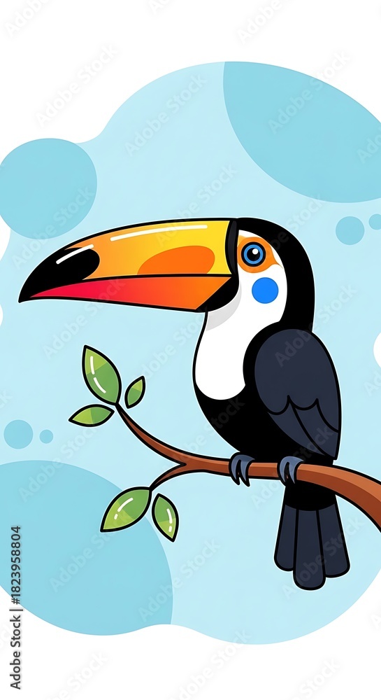 Obraz premium Cartoon Toucan Perched on Branch - Vibrant Bird Illustration with Tropical Flair.