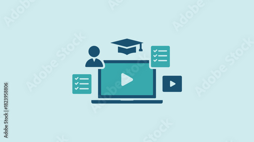 A laptop displaying a video with a graduation cap, checklist and person icon surrounding it alluding to learning