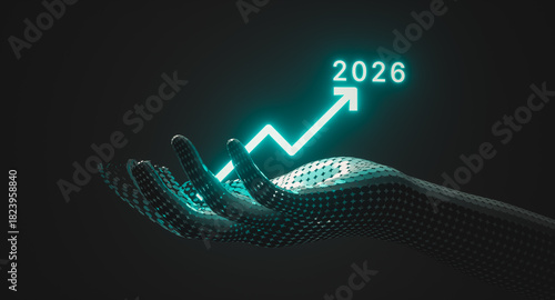 Futuristic Digital Hand Holding Rising Growth Chart with illuminated year 2026. 3d rendering
