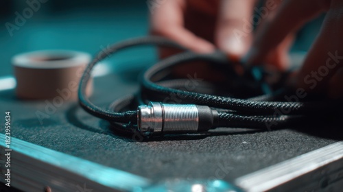 Hands Arranging Audio Cable in Studio Setting for Professional Sound Equipment