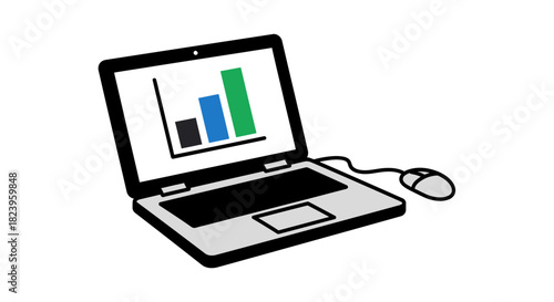 Laptop with growth chart and mouse, symbolizing digital data analysis and business progress