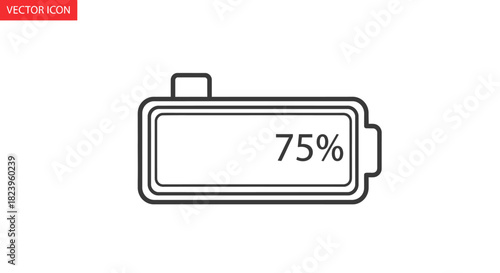 Simple line art vector icon depicting a battery at 75 percent charge level, symbolizing power status, energy efficiency, and operational readiness for various electronic devices