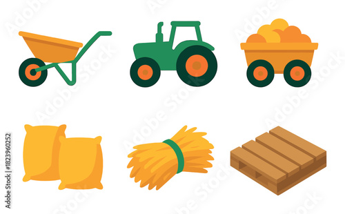 Stylized farm equipment and produce with wheelbarrow and tractor illustrations
