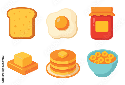 Colorful breakfast icons: toast, egg, jam, butter, pancakes, cereal bowl