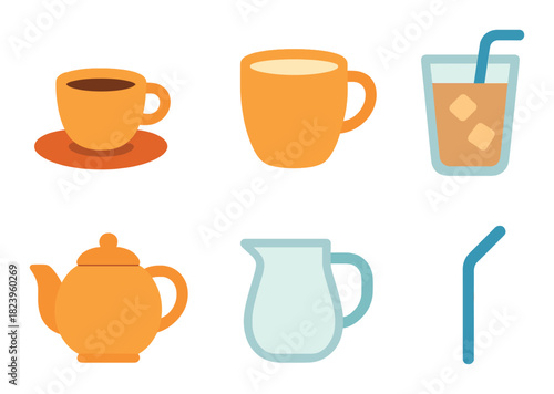 Colorful beverage icons featuring coffee, tea, and iced drinks in a vibrant style